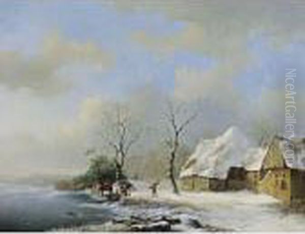 A Winter Landscape With Equestrians Near A Barn Oil Painting by Frederik Marianus Kruseman