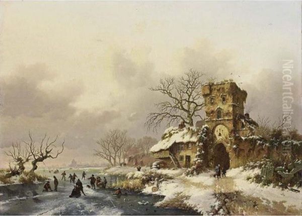 A Winter Landscape With Skaters Near A City Gate Oil Painting by Frederik Marianus Kruseman