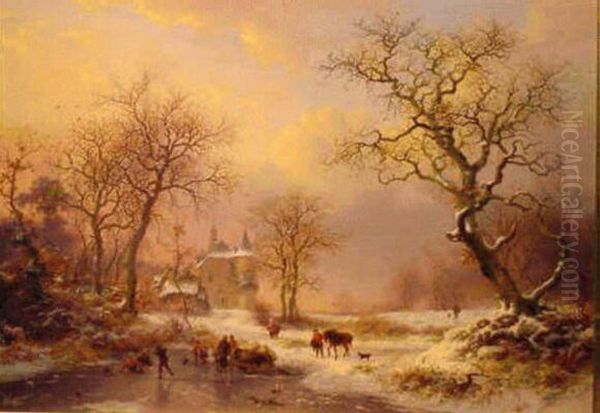 Skaters In A Winter Landscape Oil Painting by Frederik Marianus Kruseman