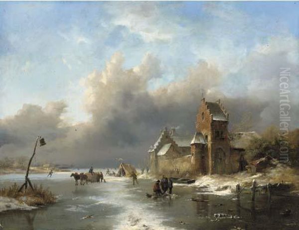 Winter Landscape With Figures On A Frozen River Oil Painting by Frederik Marianus Kruseman