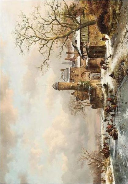 A Winter Landscape With Ice Amusements Near A Town Gate Oil Painting by Frederik Marianus Kruseman