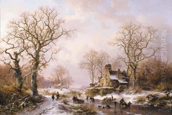 Skaters By A Snowcovered Castle At Dusk Oil Painting by Frederik Marianus Kruseman