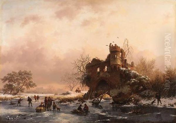 Winter Landscape With Skaters Near A Dilapidated Castle Oil Painting by Frederik Marianus Kruseman