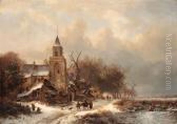 A Frozen Winter Landscape Oil Painting by Frederik Marianus Kruseman