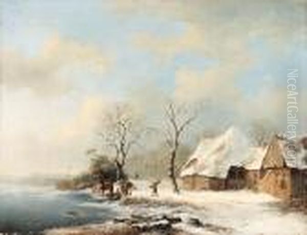 Winter Landscape With Figures On Horseback Near A Barn Oil Painting by Frederik Marianus Kruseman