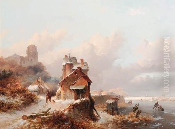 A Winterlandscape With A 
Horserider On A Track Passing A Farmhouse,skaters On The Ice Beyond Oil Painting by Frederik Marianus Kruseman