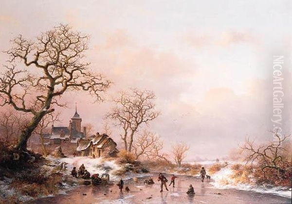 Winter: Townsfolk Skating On A Frozen Waterway Near A Fortifiedmansion At Dusk Oil Painting by Frederik Marianus Kruseman