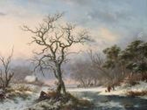 Faggot Gatherers In A Winter Landscape Oil Painting by Frederik Marianus Kruseman