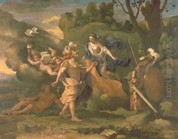 Venus, Mother of Aeneas, Presenting him with Arms Forged by Vulcan, c.1635 Oil Painting by Nicolas Poussin