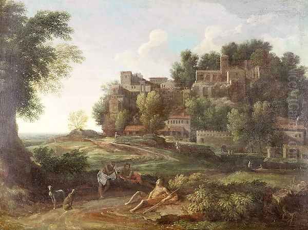 An Italianate wooded landscape with figures resting on a path and a town beyond Oil Painting by Nicolas Poussin