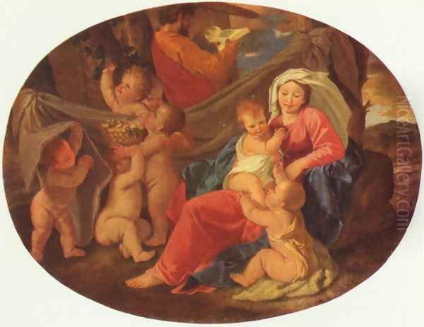 Holy Family with angels, Oval Oil Painting by Nicolas Poussin