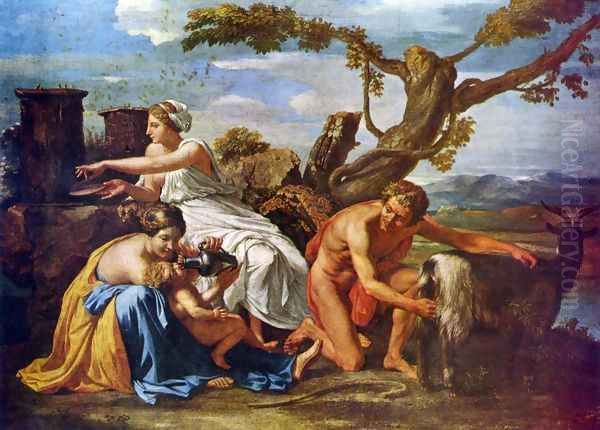 Jupiter as a child of the goat Amalthea nourished Oil Painting by Nicolas Poussin