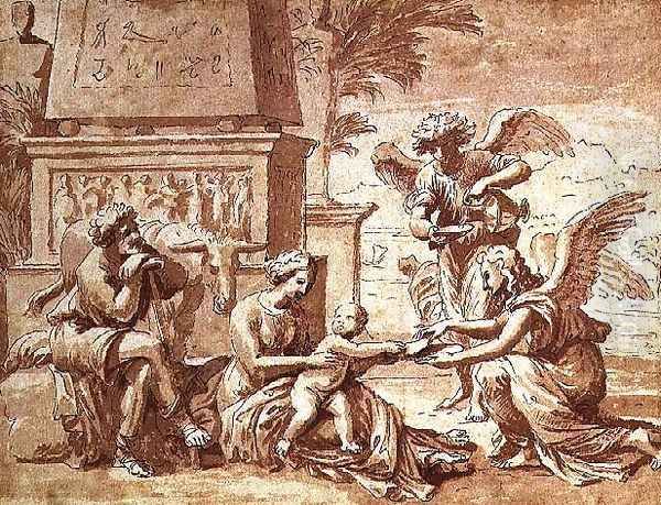 Rest on the Flight to Egypt, sketch for a painting formerly in the Palais Rospigliosi Oil Painting by Nicolas Poussin