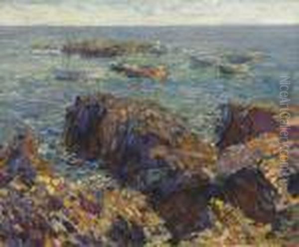 Rocky Shore With Moored Boats Oil Painting by Walt Kuhn