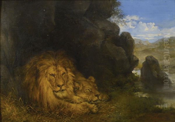 Two Lions In A Cave Oil Painting by Wilhelm Kuhnert