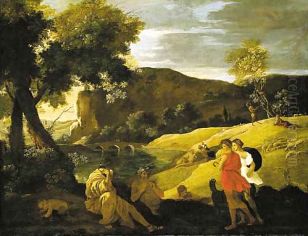 An Arcadian landscape with stories from the legends of Pan and Bacchus Oil Painting by Nicolas Poussin