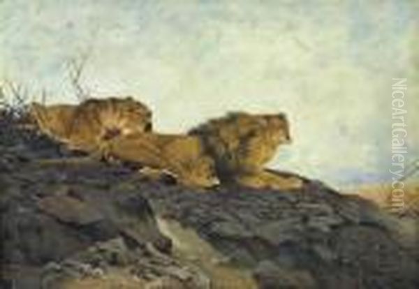 Lion And Lioness In A Rocky Landscape Oil Painting by Wilhelm Kuhnert