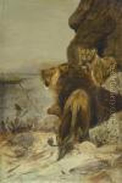 Pair Of Lions, 
Watching A Fire In The Hazy Veld Oil Painting by Wilhelm Kuhnert