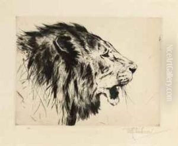 A Lion's Head Oil Painting by Wilhelm Kuhnert