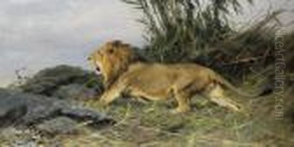 A Lion In Flight Oil Painting by Wilhelm Kuhnert