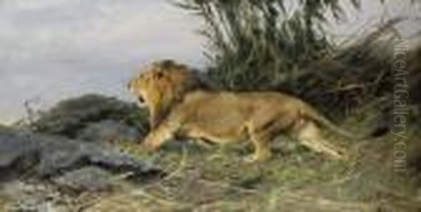 Lowe Auf Der Flucht: A Lion In Flight Oil Painting by Wilhelm Kuhnert