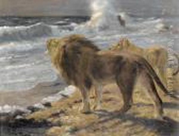 Lowenpaar Am Meer Bei Brandung. Oil Painting by Wilhelm Kuhnert