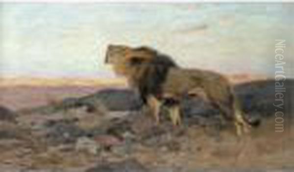 Brullender Lowe In Steiniger Steppe (a Roaring Lion) Oil Painting by Wilhelm Kuhnert