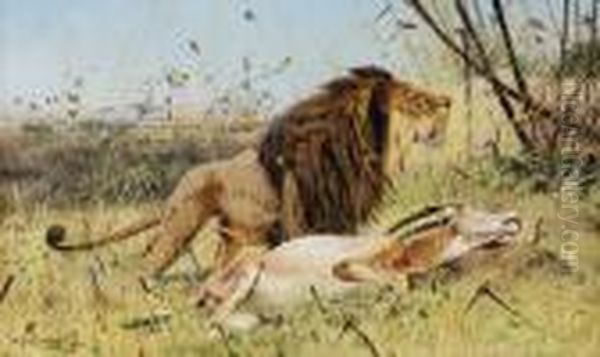 Mahnenlowe Mit Geschlagener Sabelantilope Oil Painting by Wilhelm Kuhnert