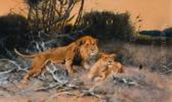 Title: Two Lions Oil Painting by Wilhelm Kuhnert