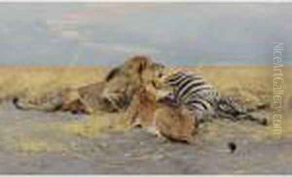 The Victim: Lions And Zebra Oil Painting by Wilhelm Kuhnert