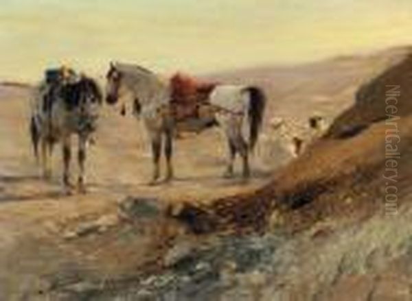 Kurze Rast (halt In The Desert) Oil Painting by Wilhelm Kuhnert