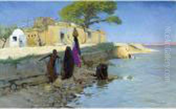 Washerwomen On The Nile Oil Painting by Wilhelm Kuhnert