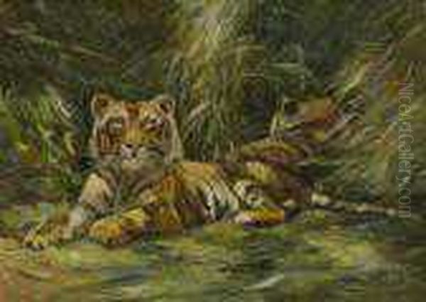 Zwei Tiger Im Gras. Oil Painting by Wilhelm Kuhnert