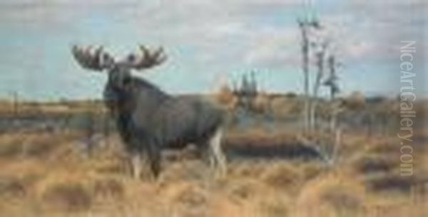 Elks In A Swedish Landscape Oil Painting by Wilhelm Kuhnert