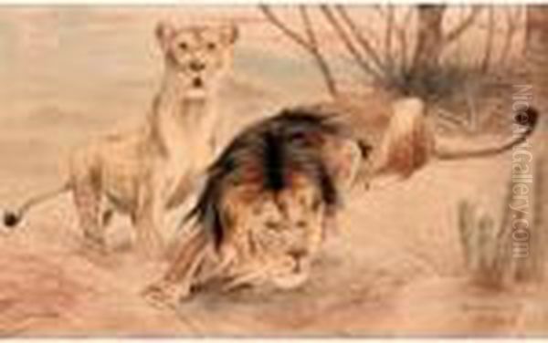 Lions On The Hunt Oil Painting by Wilhelm Kuhnert