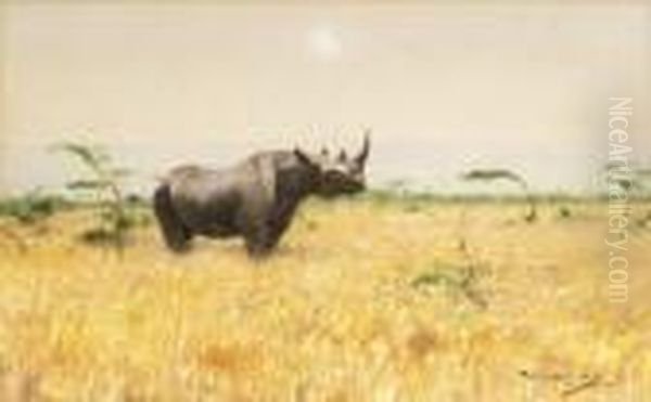 Nashorn In Der Steppe. Oil Painting by Wilhelm Kuhnert