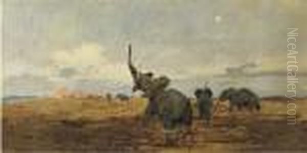 Morning: Elephants On The Savannah Oil Painting by Wilhelm Kuhnert