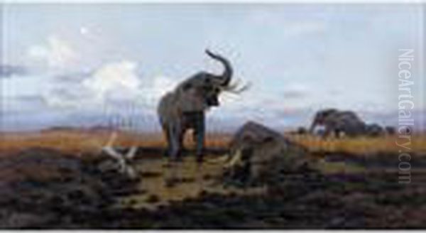 In The Twilgiht, Elephants Oil Painting by Wilhelm Kuhnert