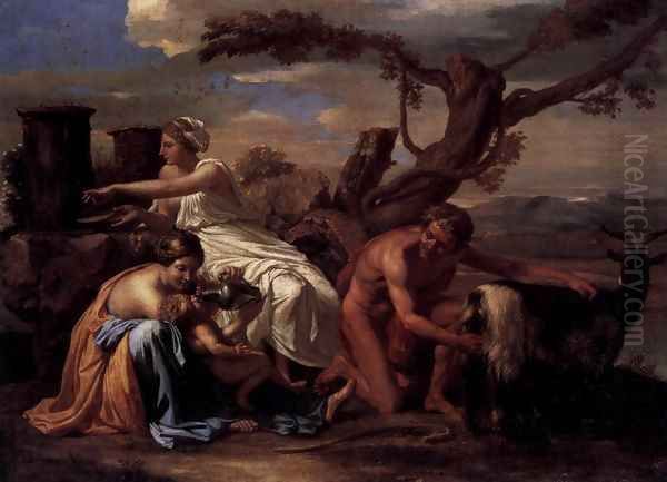 The Infant Jupiter Nurtured by the Goat Amalthea Oil Painting by Nicolas Poussin