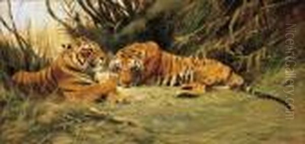 Tigers Resting In Tall Grass Oil Painting by Wilhelm Kuhnert