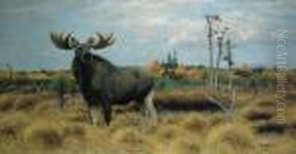 Elk In Marsh Landscape Oil Painting by Wilhelm Kuhnert