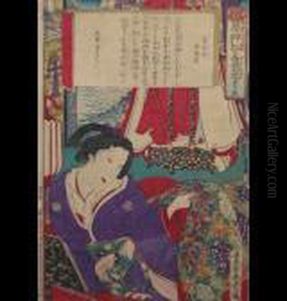 Japanese Interior Scene With A Young Beauty Wearing A Kimono Reclining On A Day Bed Oil Painting by Toyohara Kunichika