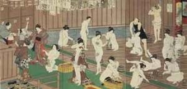 Hada Kurabe Hana No Shobuyu (a Comparison Of Flesh At The Iris Bath) 
Woodcut Triptych Of Women And Children At A Public Bathhouse Oil Painting by Toyohara Kunichika