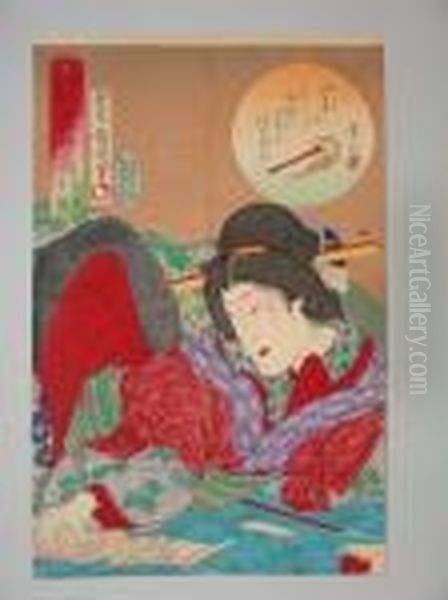 Une Jeune Femme Allongee Lit Une Lettre Oil Painting by Toyohara Kunichika