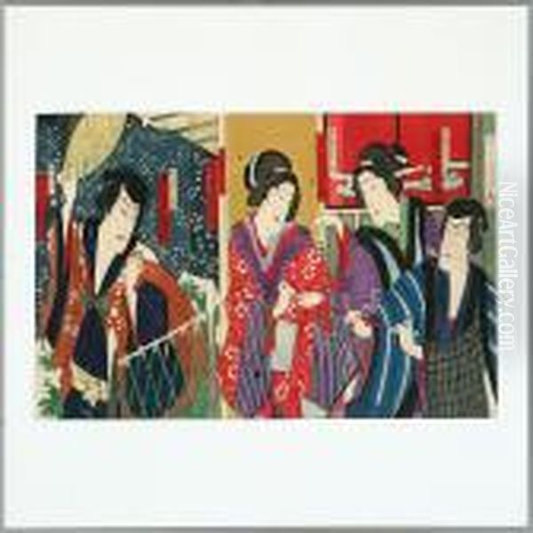 Triptykon Oban Woodblock Prints With Kabuki Actors In A House Oil Painting by Toyohara Kunichika