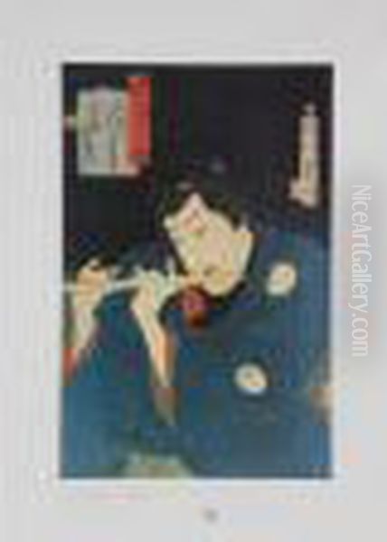 Okubi-e D'un Musicien Jouant De La Flute Oil Painting by Toyohara Kunichika