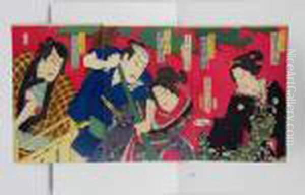 Scene De Kabuki Oil Painting by Toyohara Kunichika