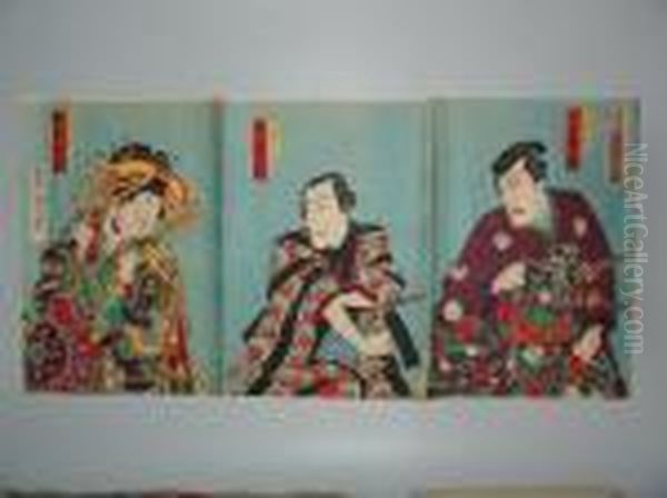 Trois Acteurs En Buste. Oil Painting by Toyohara Kunichika