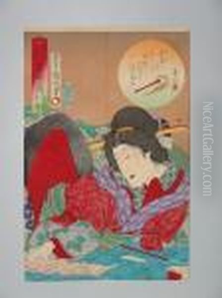 Une Jeune Femme Lisant Une Lettre D'amour Oil Painting by Toyohara Kunichika