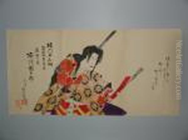 Triptyque, L'acteur Ichikawa Danjuro Tient Une Naginata Et Une Fleche Oil Painting by Toyohara Kunichika